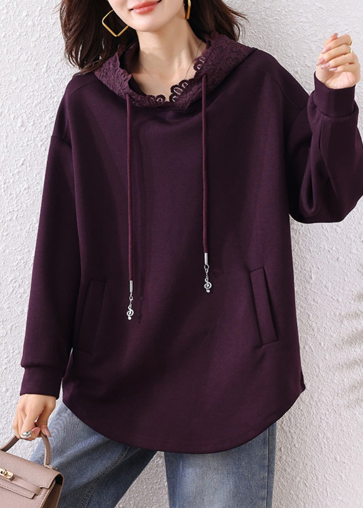 Bohemian Purple Hooded Cotton Loose Sweatshirt Top