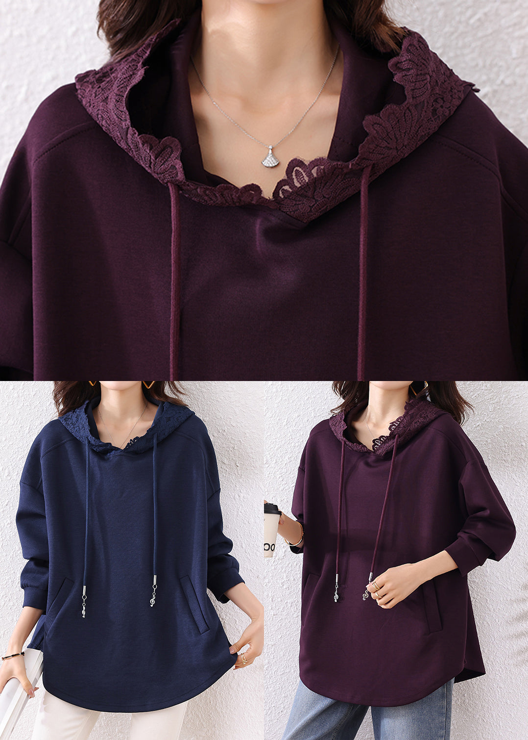 Bohemian Purple Hooded Cotton Loose Sweatshirt Top