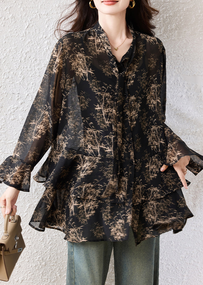 Boho Black Oversized Print Chiffon Shirts