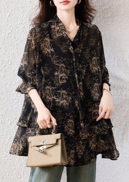 Boho Black Oversized Print Chiffon Shirts