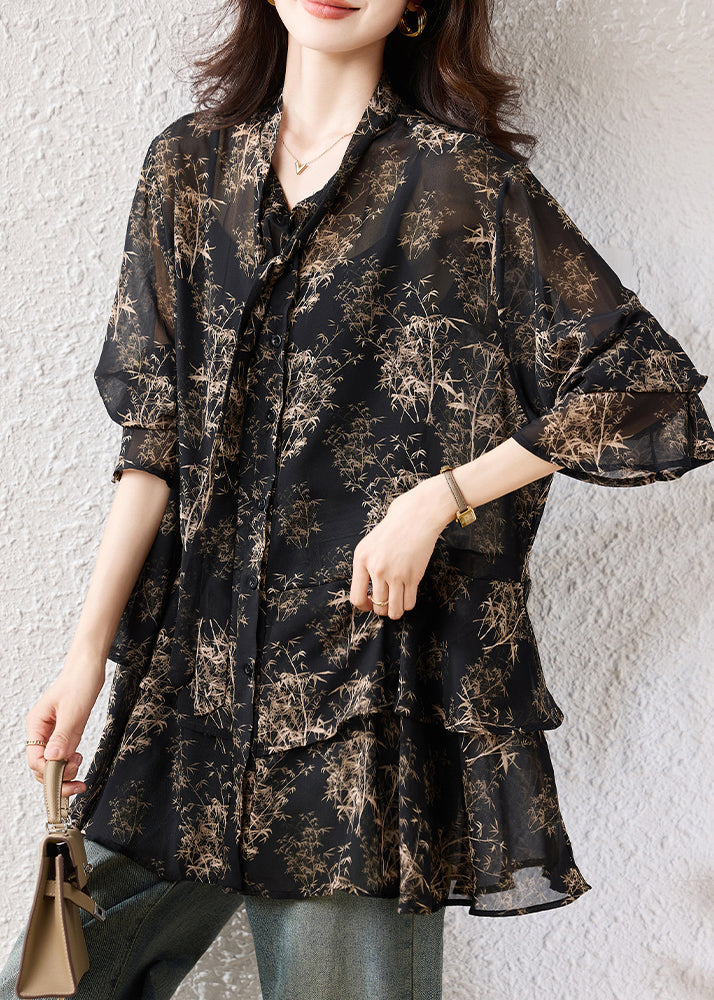 Boho Black Oversized Print Chiffon Shirts