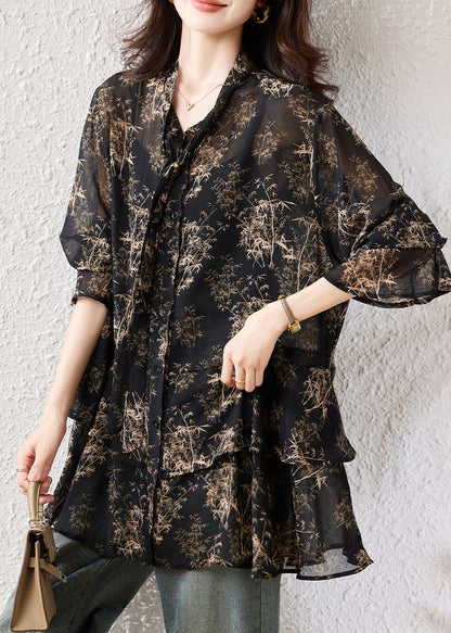 Boho Black Oversized Print Chiffon Shirts