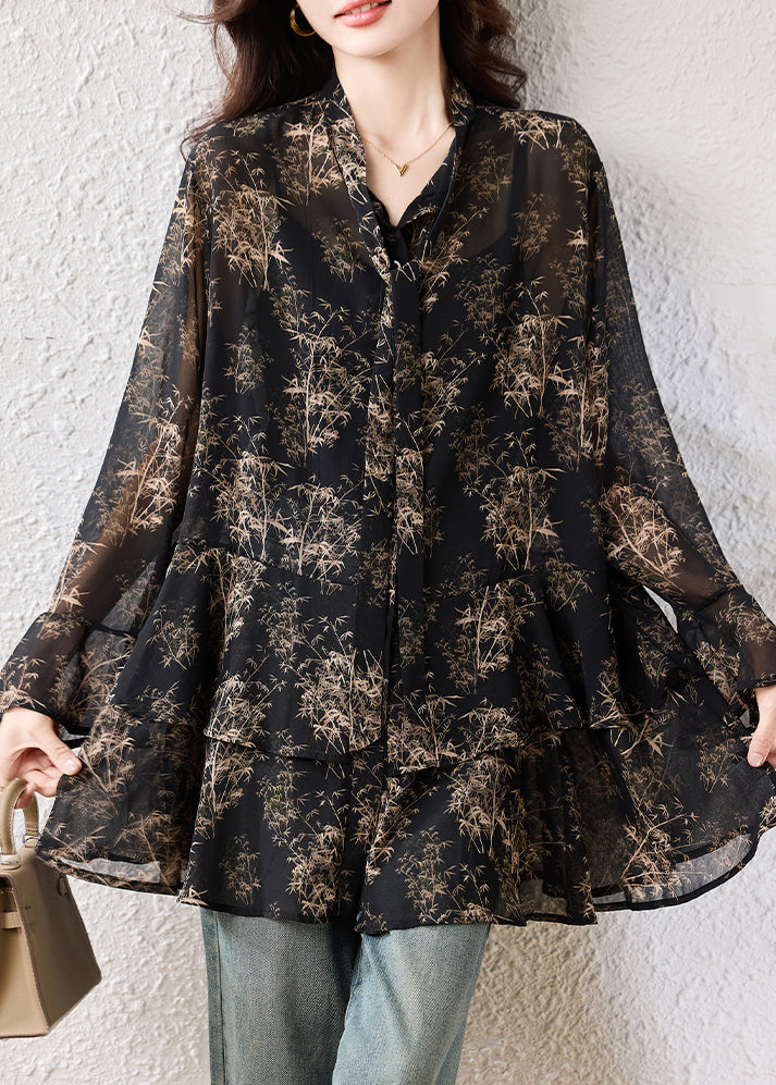 Boho Black Oversized Print Chiffon Shirts