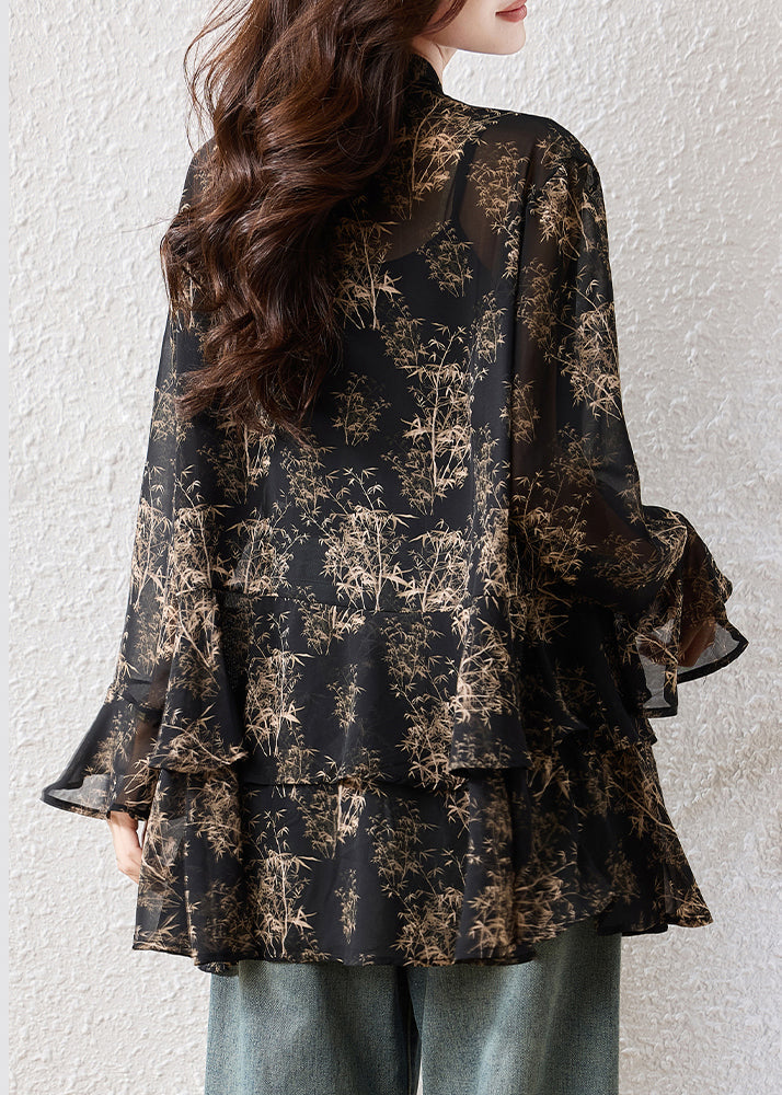 Boho Black Oversized Print Chiffon Shirts