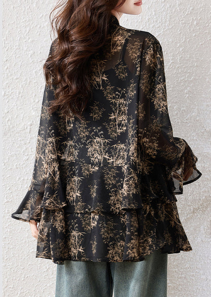 Boho Black Oversized Print Chiffon Shirts