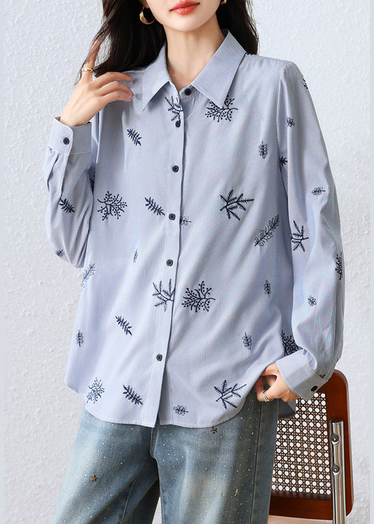 Boho Blue Embroidered Striped Cotton Top