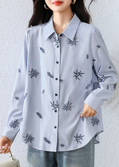 Boho Blue Embroidered Striped Cotton Top