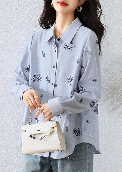Boho Blue Embroidered Striped Cotton Top