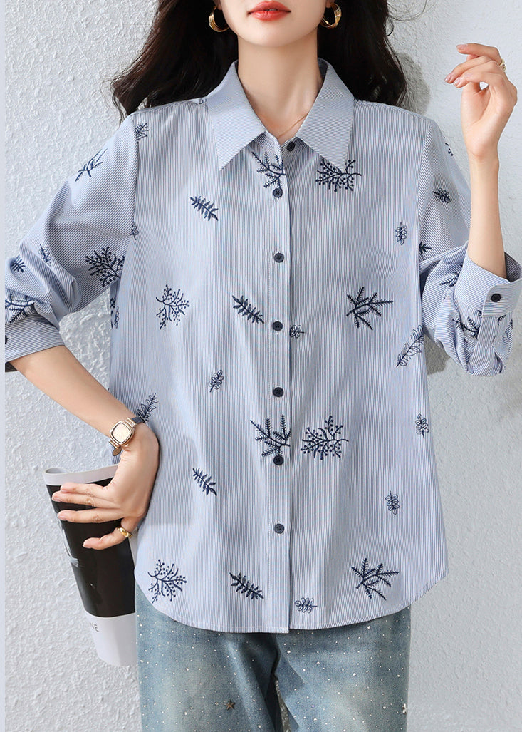 Boho Blue Embroidered Striped Cotton Top
