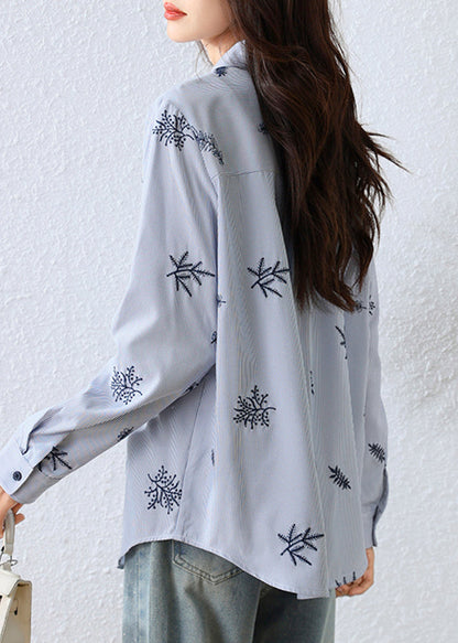 Boho Blue Embroidered Striped Cotton Top