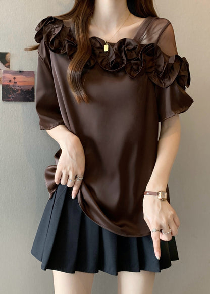 Brown Ruffled One Shoulder Shirt Top