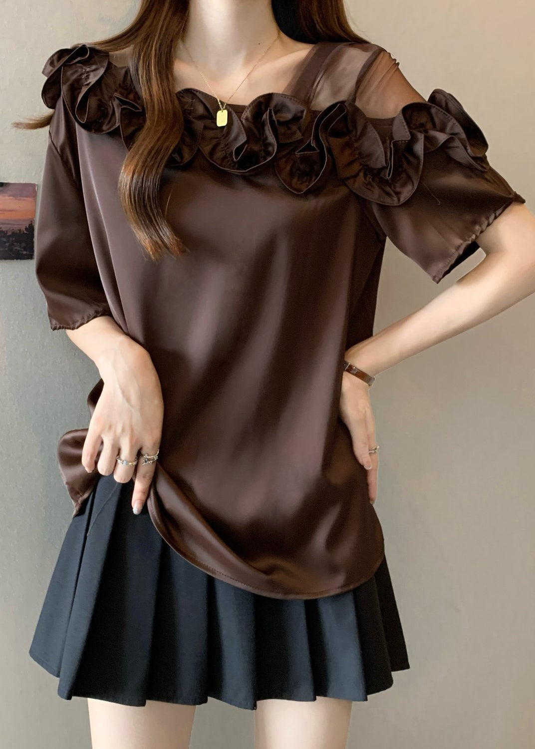 Brown Ruffled One Shoulder Shirt Top
