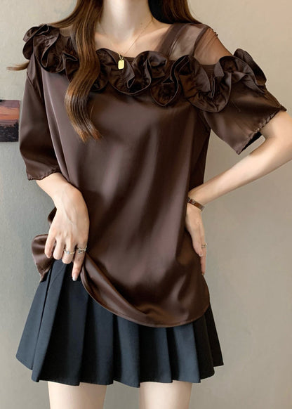 Brown Ruffled One Shoulder Shirt Top
