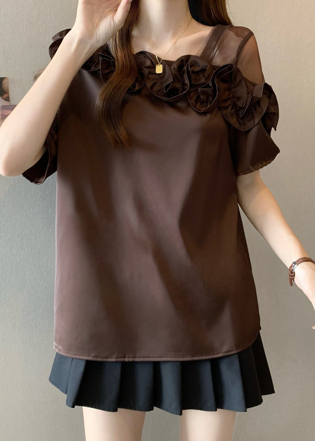 Brown Ruffled One Shoulder Shirt Top