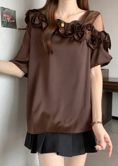 Brown Ruffled One Shoulder Shirt Top