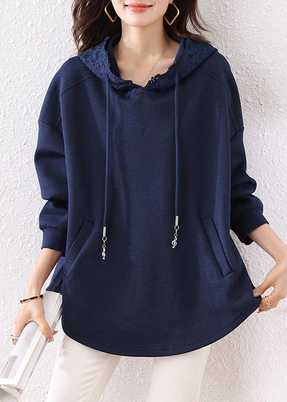 Navy Hooded Pockets Cotton Loose Sweatshirt