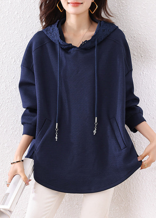 Navy Hooded Pockets Cotton Loose Sweatshirt