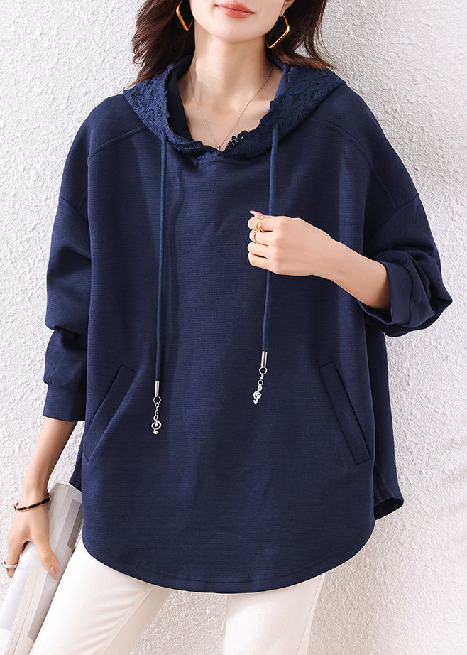 Navy Hooded Pockets Cotton Loose Sweatshirt