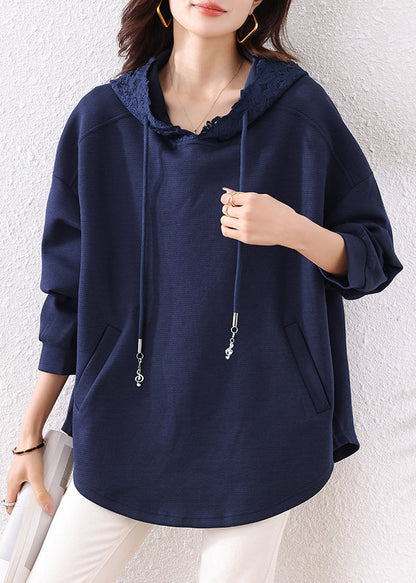 Navy Hooded Pockets Cotton Loose Sweatshirt