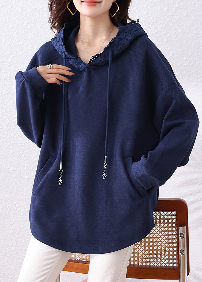 Navy Hooded Pockets Cotton Loose Sweatshirt