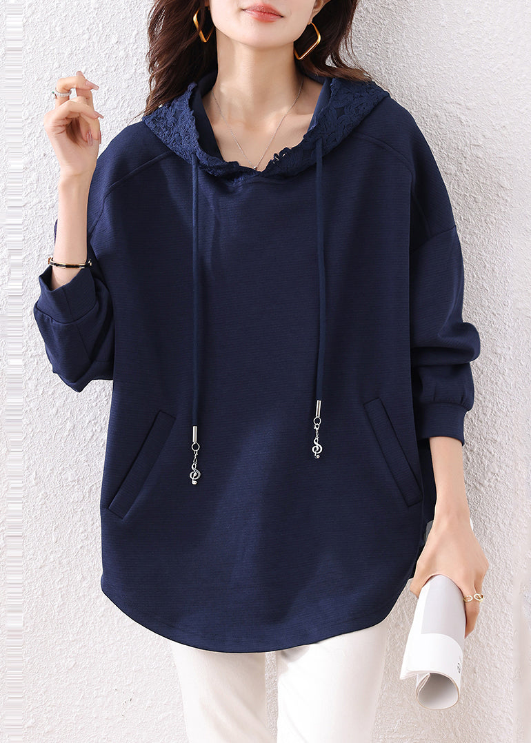 Navy Hooded Pockets Cotton Loose Sweatshirt