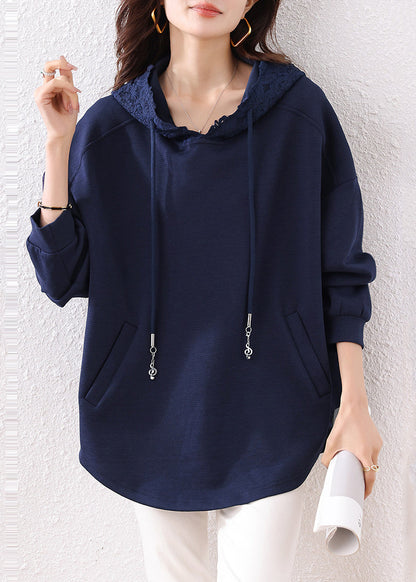 Navy Hooded Pockets Cotton Loose Sweatshirt