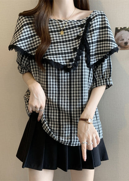 Casual Grey Asymmetrical Plaid Cotton Shirts