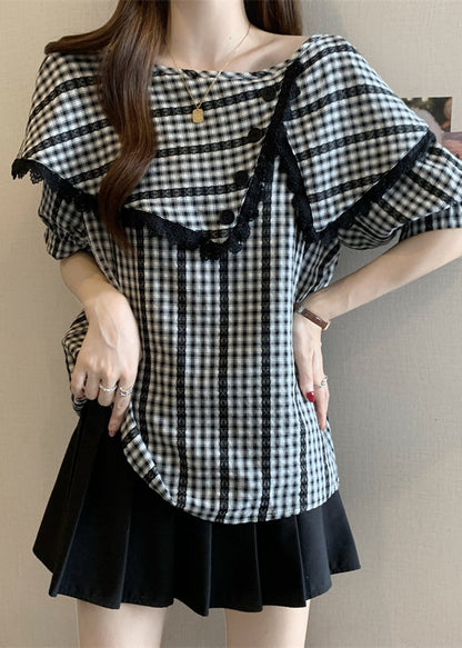 Casual Grey Asymmetrical Plaid Cotton Shirts