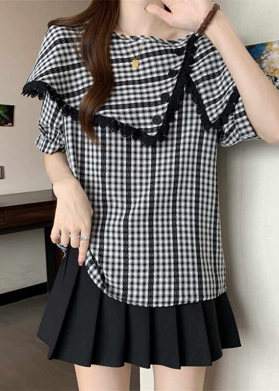 Casual Grey Asymmetrical Plaid Cotton Shirts