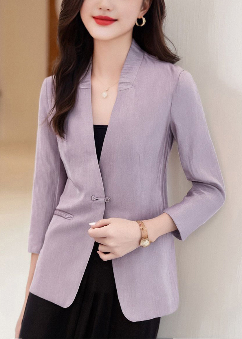 Casual Purple V-Neck Button Pockets Cotton Coats Bracelet Sleeve