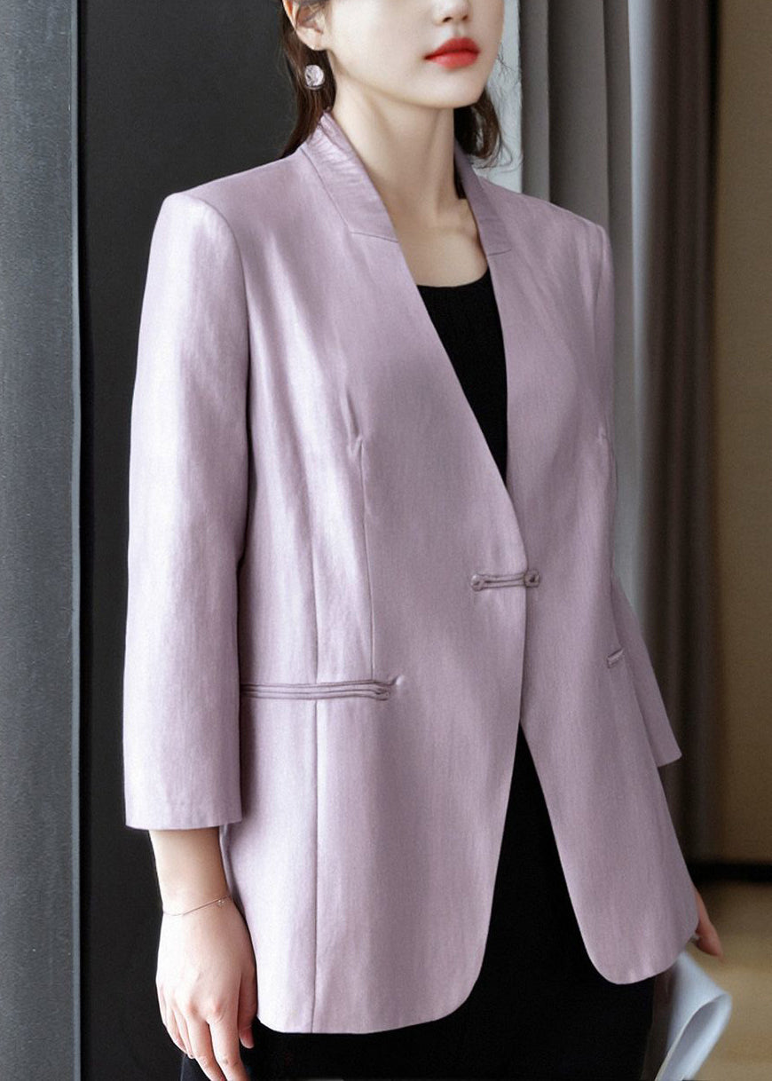 Casual Purple V-Neck Button Pockets Cotton Coats Bracelet Sleeve