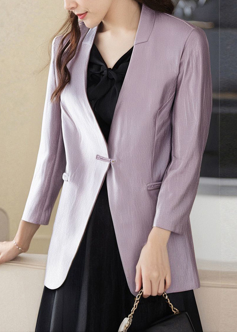Casual Purple V-Neck Button Pockets Cotton Coats Bracelet Sleeve