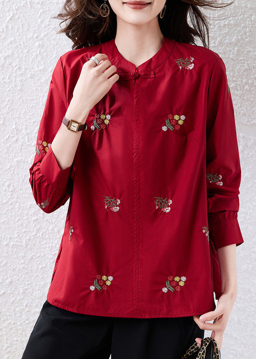 Chic Black Embroidered Chinese Button Cotton Shirt Top