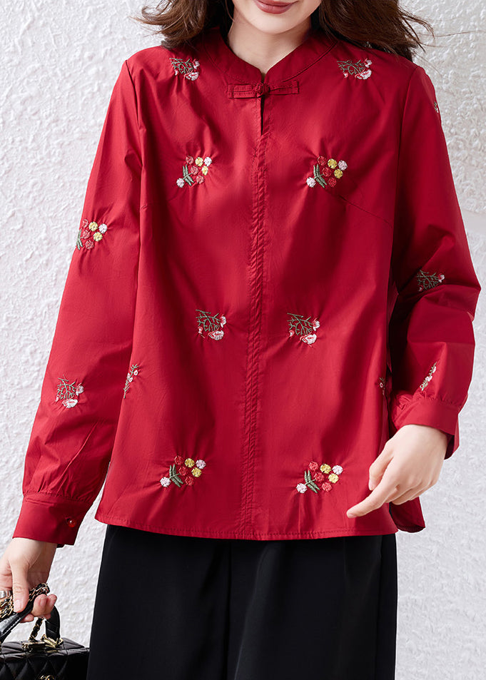 Chic Black Embroidered Chinese Button Cotton Shirt Top