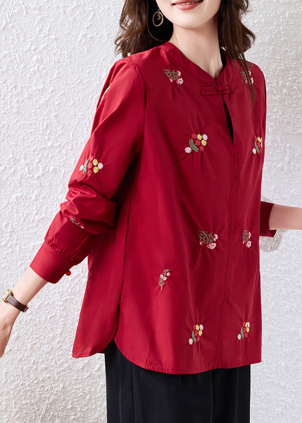 Chic Black Embroidered Chinese Button Cotton Shirt Top