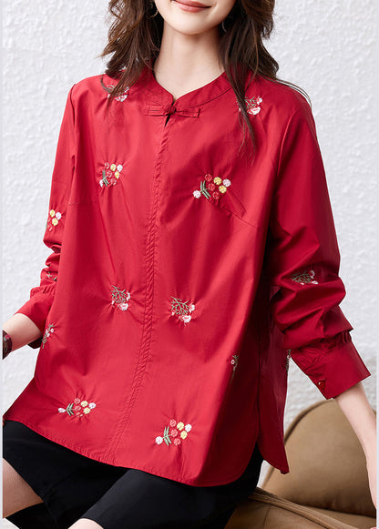Chic Black Embroidered Chinese Button Cotton Shirt Top