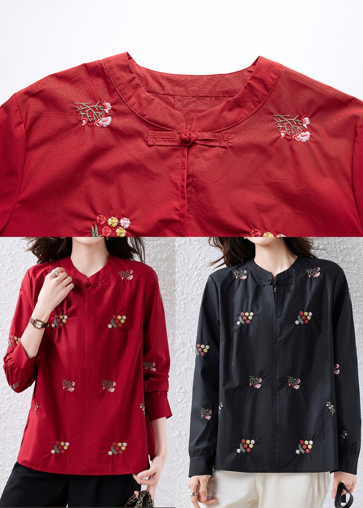 Chic Black Embroidered Chinese Button Cotton Shirt Top