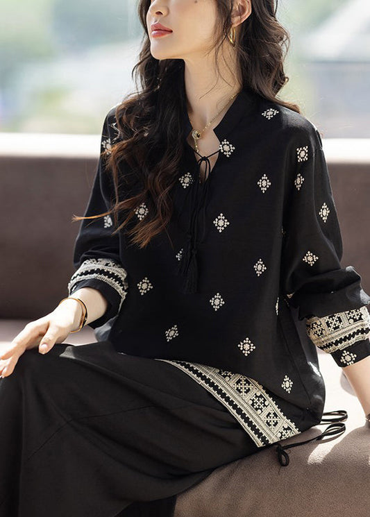 Classy Black Embroidered Tie-Neck Cotton Top