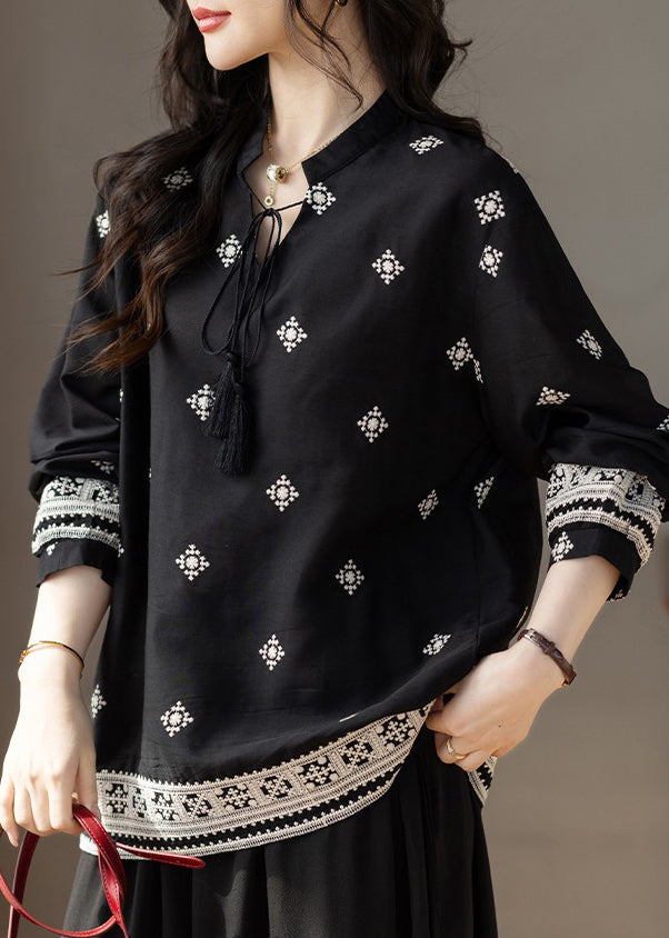 Classy Black Embroidered Tie-Neck Cotton Top