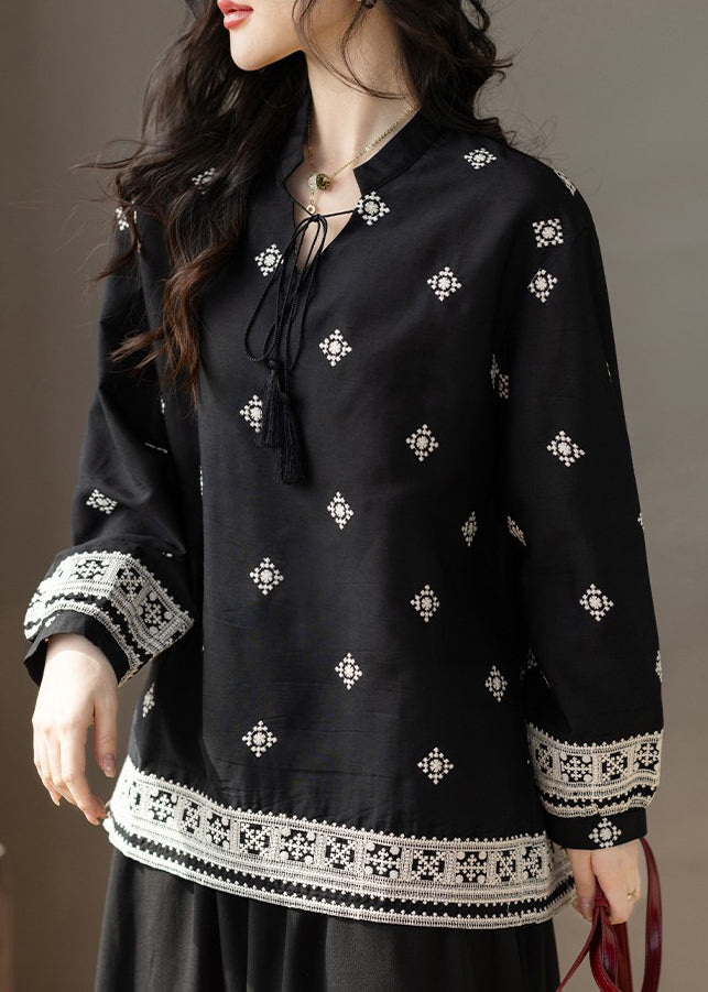 Classy Black Embroidered Tie-Neck Cotton Top