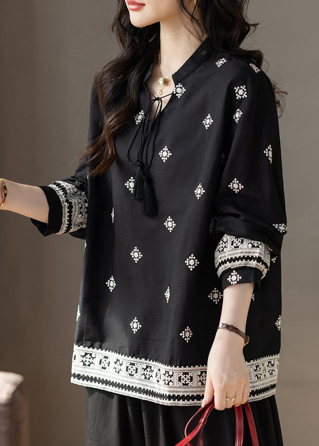 Classy Black Embroidered Tie-Neck Cotton Top