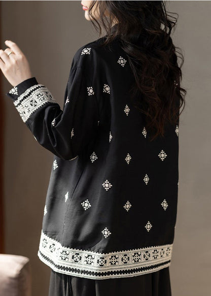 Classy Black Embroidered Tie-Neck Cotton Top