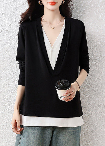 Classy Black V-Neck Patchwork Cotton Fake Two-Piece Tops