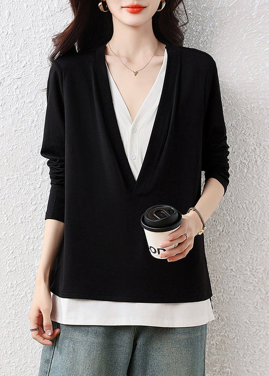 Classy Black V-Neck Patchwork Cotton Fake Two-Piece Tops