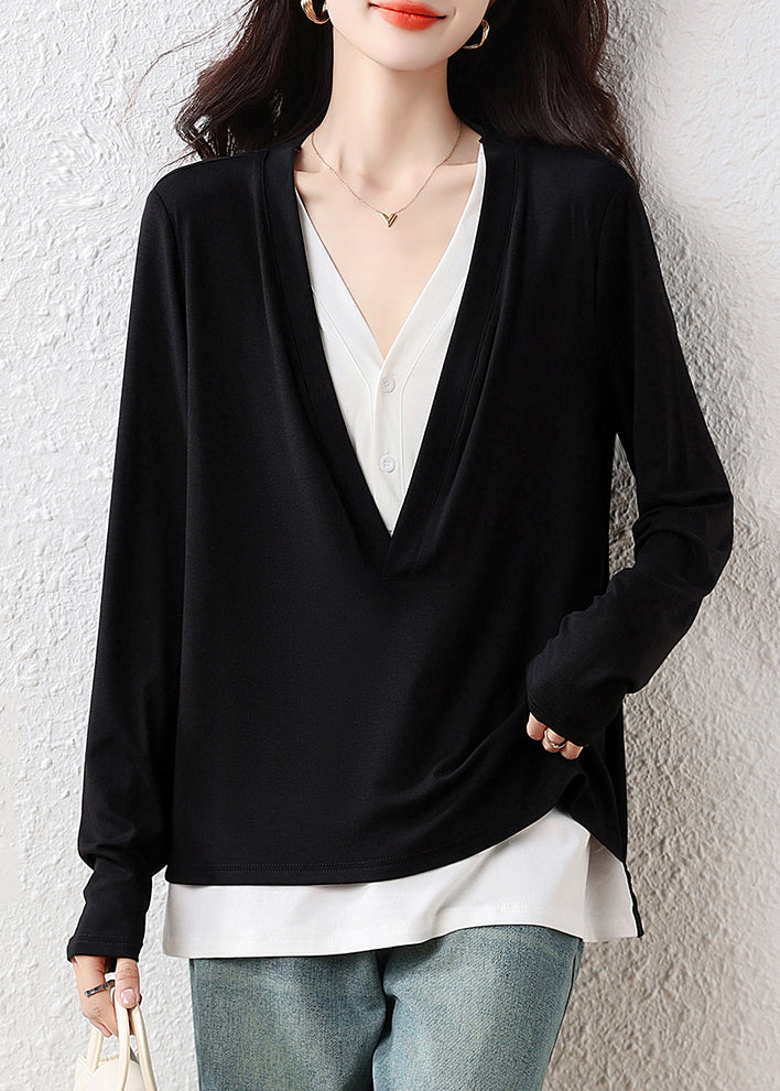 Classy Black V-Neck Patchwork Cotton Fake Two-Piece Tops