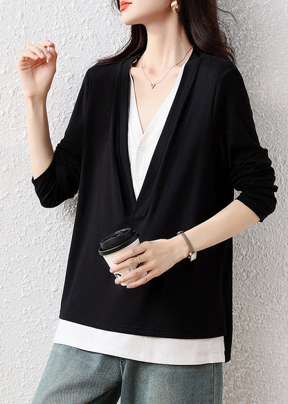 Classy Black V-Neck Patchwork Cotton Fake Two-Piece Tops