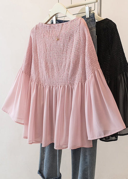 Cute Pink Wrinkled Chiffon Blouse Top Flare Sleeve