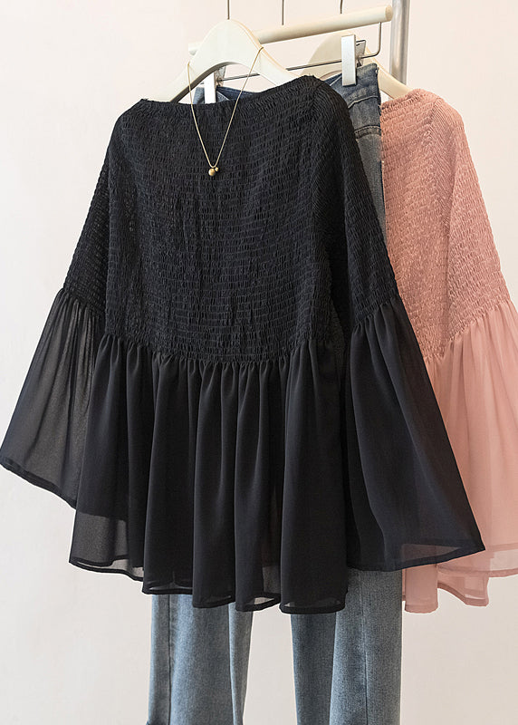 Cute Pink Wrinkled Chiffon Blouse Top Flare Sleeve