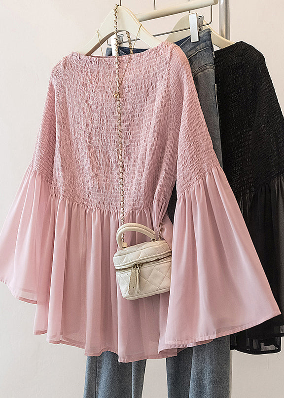 Cute Pink Wrinkled Chiffon Blouse Top Flare Sleeve