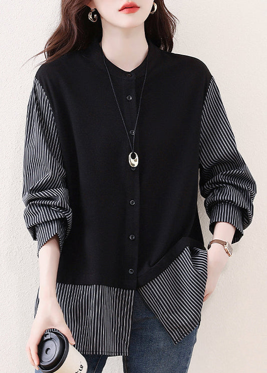 Black Striped Patchwork Cotton Fake Two-Piece Tops
